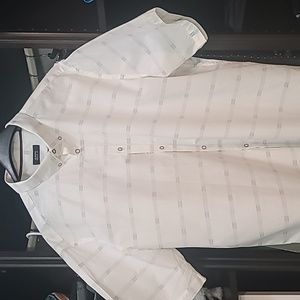 Men's Casual, Short-sleeved Cotton shirt. White with blue stripes.